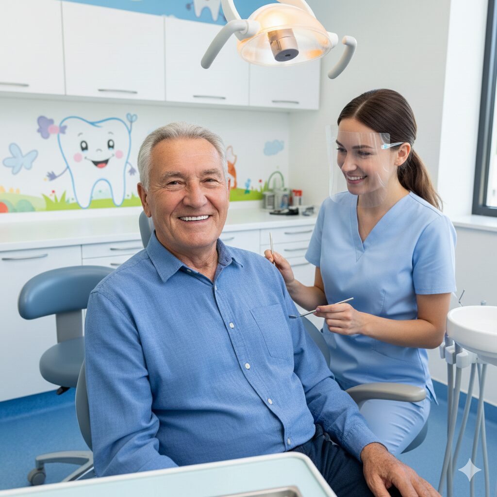 Homem sentado em uma cadeira do dentista