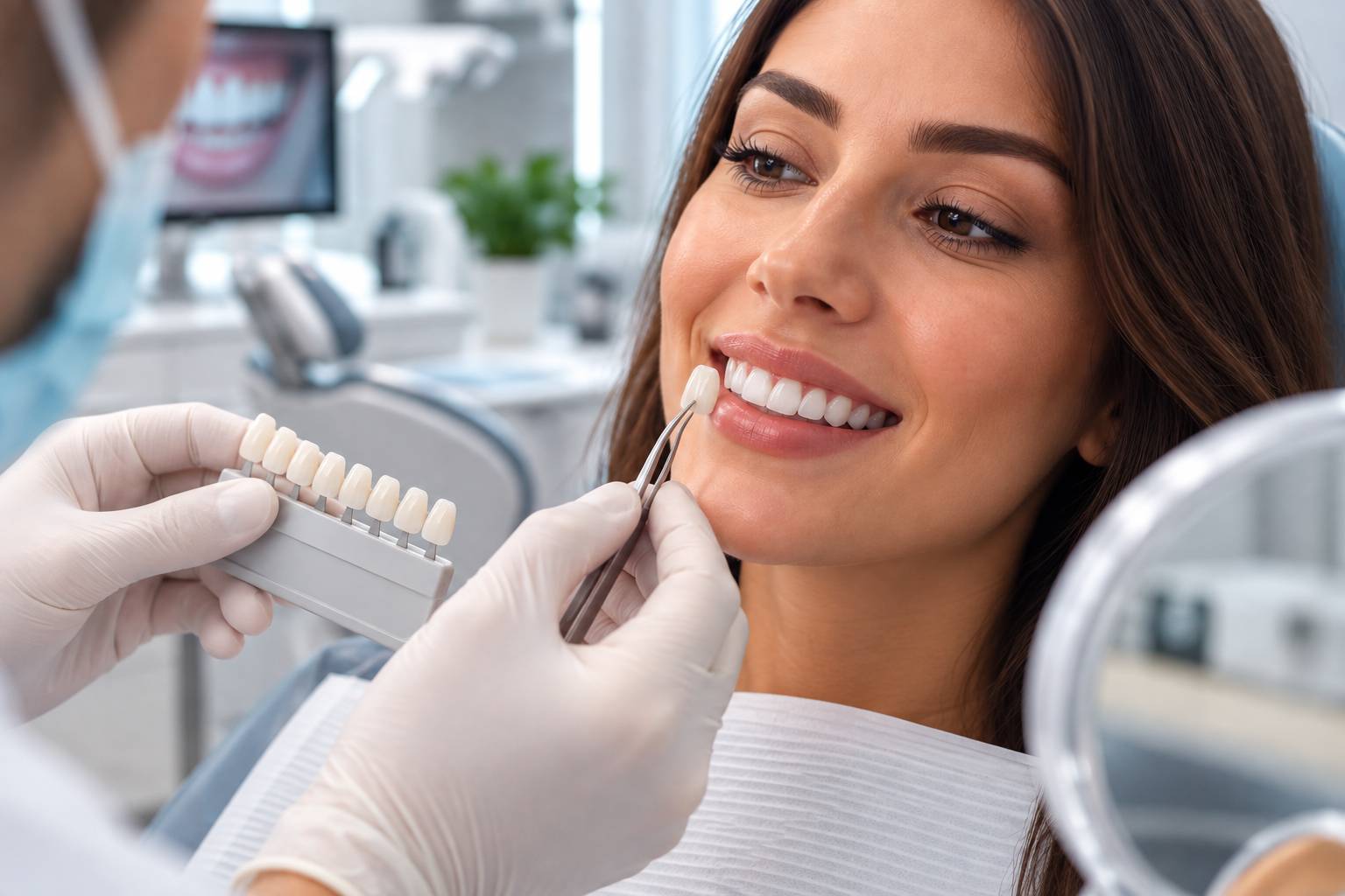 Dentista segura escala de cores perto do sorriso de paciente para avaliar lentes de porcelana ou resina na Clínica Saraiva em Perdizes.